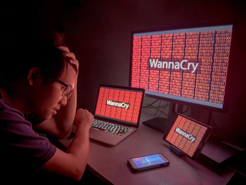 WannaCry ransomware attack on desktop screen of digital devices